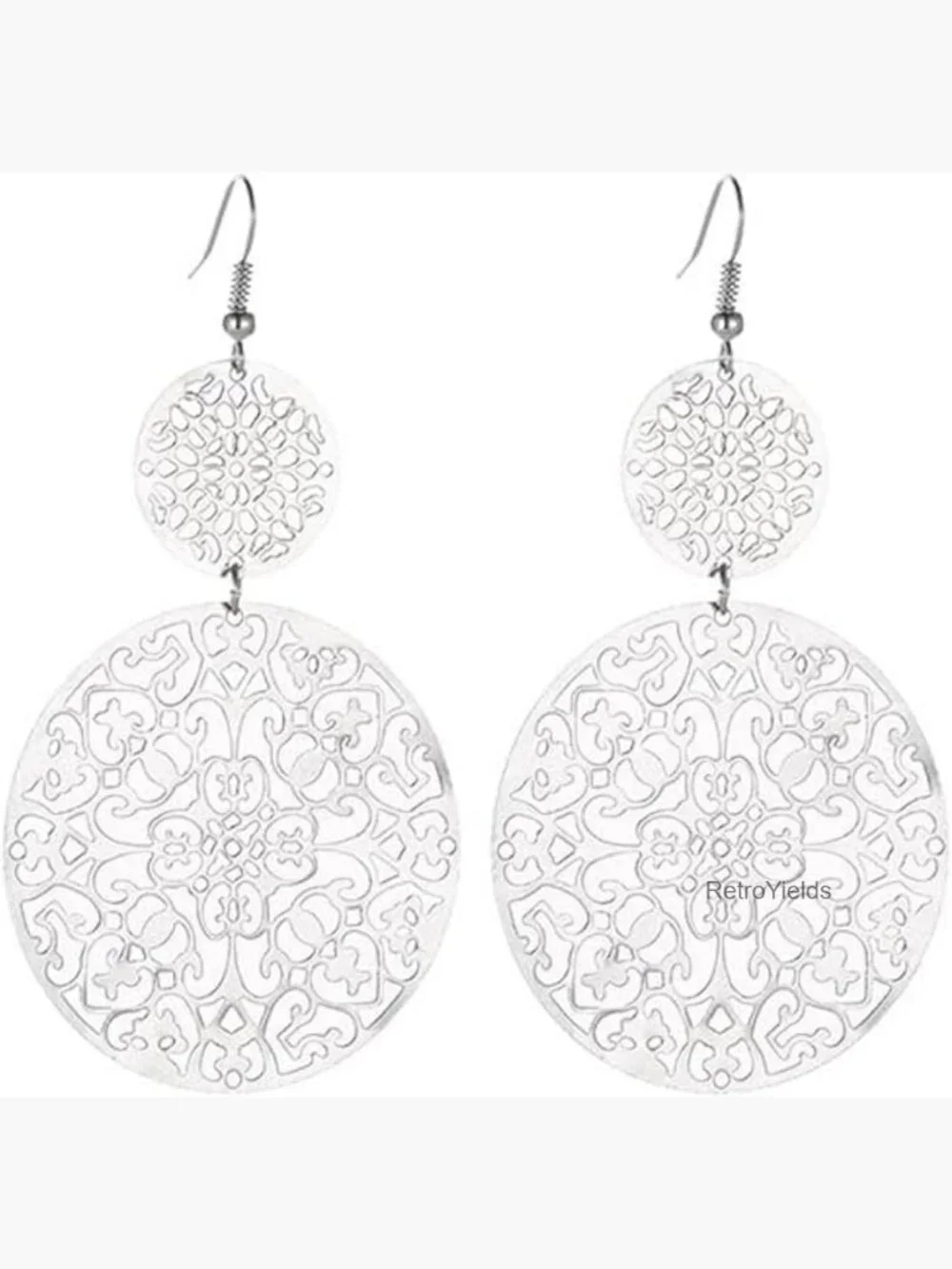 Boho Filigree Geometric Dangle Drop Earrings for Women, Double Round Disc